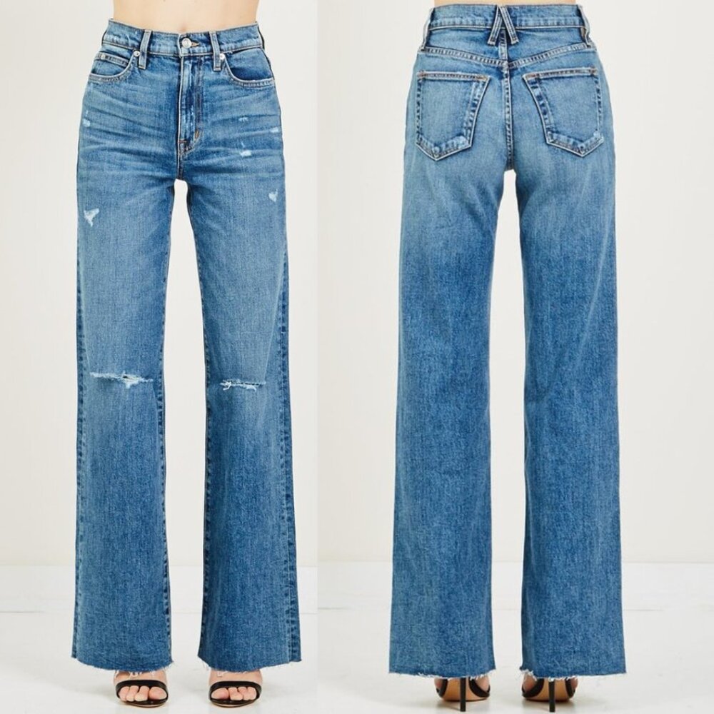SLVRLAKE Women's High-Rise Wide Leg Distressed Blue Jeans